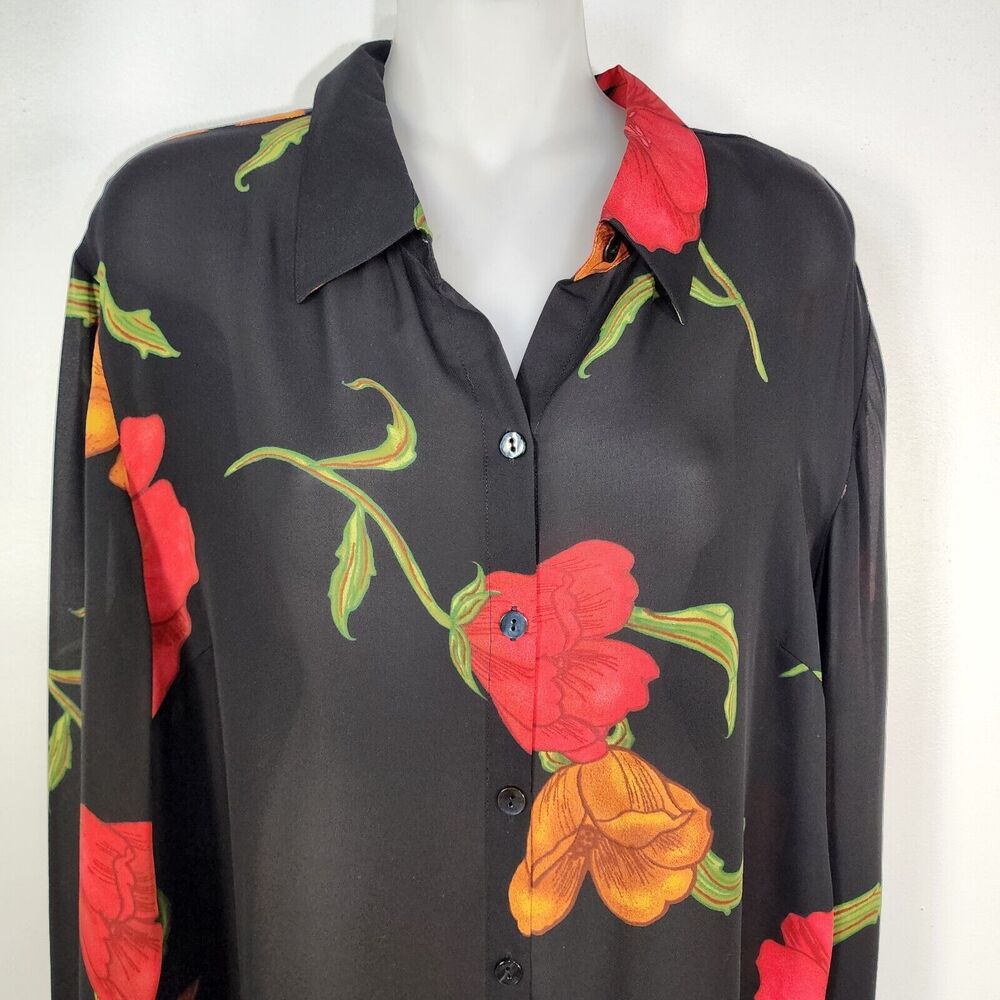 Chicos Design Top Sz 1 Medium 100% Silk Black Red Floral Sheer Vtg Button Tunic - Picture 3 of 9